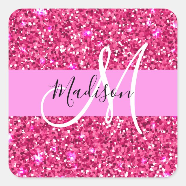Glam Girly Hot Pink Glitter Sparkles Name Monogram Square Sticker (Front)