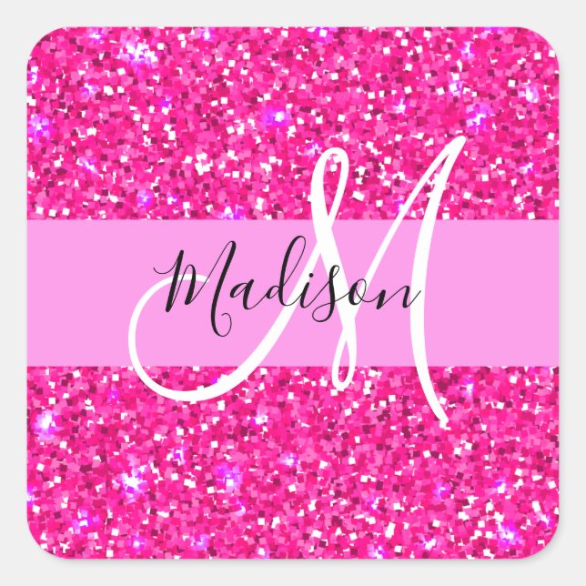 Glam Girly Hot Pink Glitter Sparkles Name Monogram Square Sticker (Front)