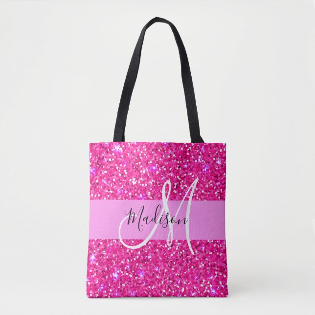 Glam Girly Hot Pink Glitter Sparkles Name Monogram Tote Bag (Front)