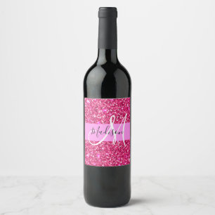 Glam Girly Hot Pink Glitter Sparkles Name Monogram Wine Label