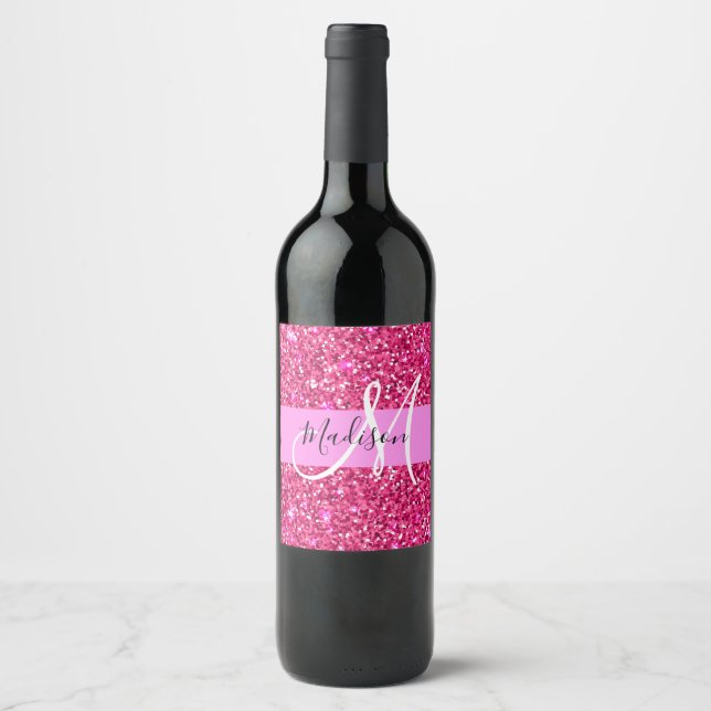 Glam Girly Hot Pink Glitter Sparkles Name Monogram Wine Label (Front)