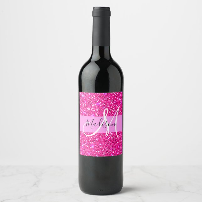 Glam Girly Hot Pink Glitter Sparkles Name Monogram Wine Label (Front)