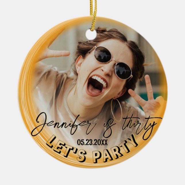 Glam Girly Photo Script 20 30 40 th Birthday Party Ceramic Ornament (Front)