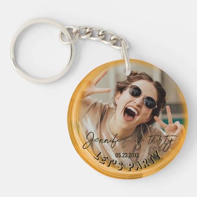 Glam Girly Photo Script 20 30 40 th Birthday Party Keychain (Front)