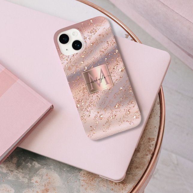 Glam Girly Rose Gold Flakes Gitter Monogram Case-Mate iPhone Case (Creator Uploaded)
