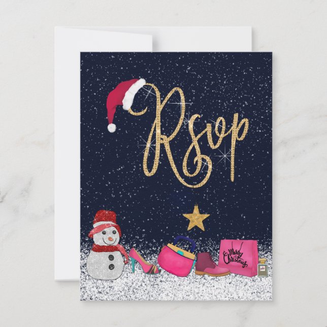 Glam Girly Shoes Purse Makeup Christmas Tree RSVP Card (Front)
