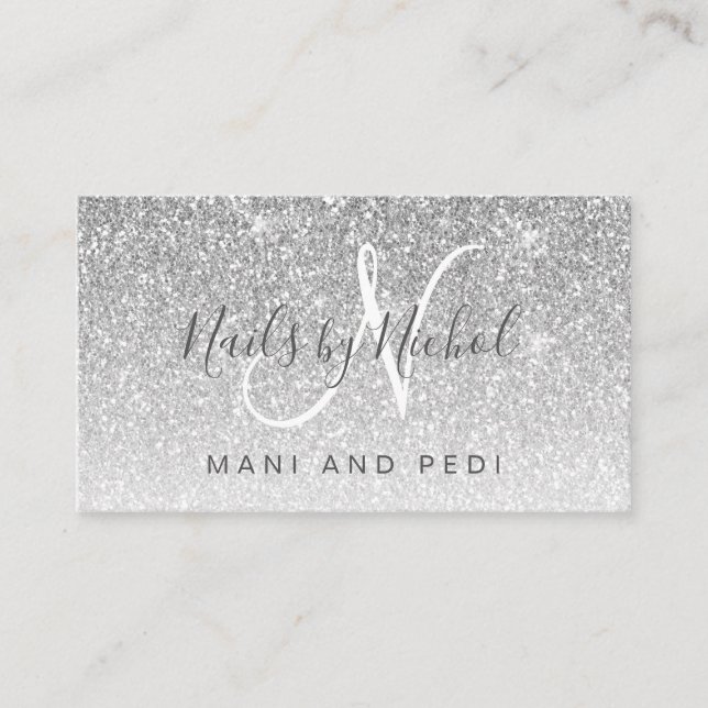 Glam Girly Silver Glitter Mani Pedi Nail Studio Business Card (Front)