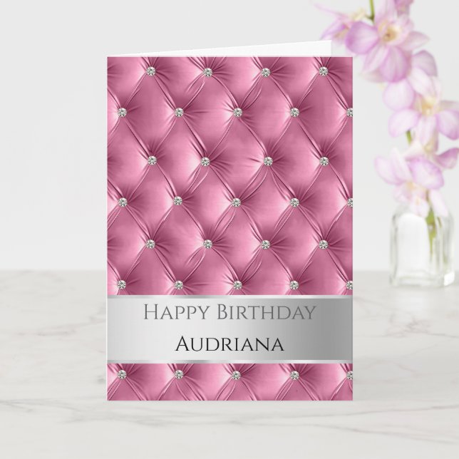 Glam Girly Soft Pink Faux Velvet Silver Birthday Card (Orchid)