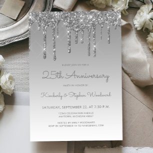 Glam Glitter Drip Silver 25th Anniversary Party Invitation