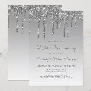 Glam Glitter Drip Silver 25th Anniversary Party Invitation