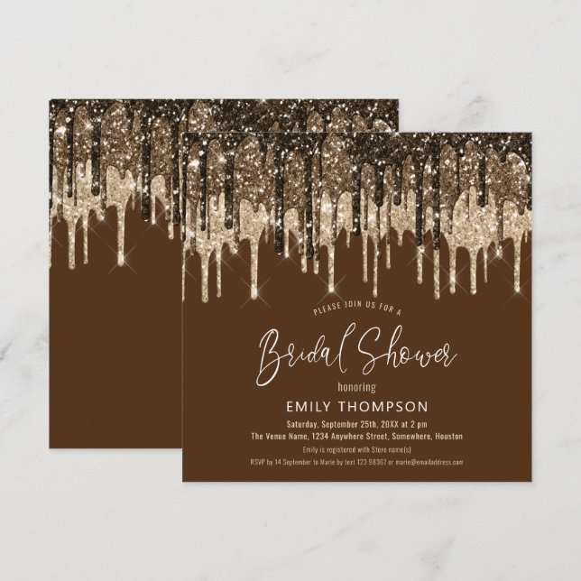 Glam Glitter Drips Gold Brown Script Bridal Shower Invitation (Front/Back)