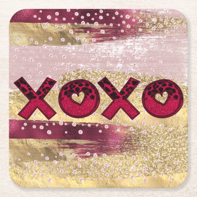 Glam Glitter Gold Red Luxe XOXO Valentines Square Paper Coaster (Front)