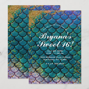 Glam Glitter Pink Gold Teal Mermaid Sweet 16 Party Invitation