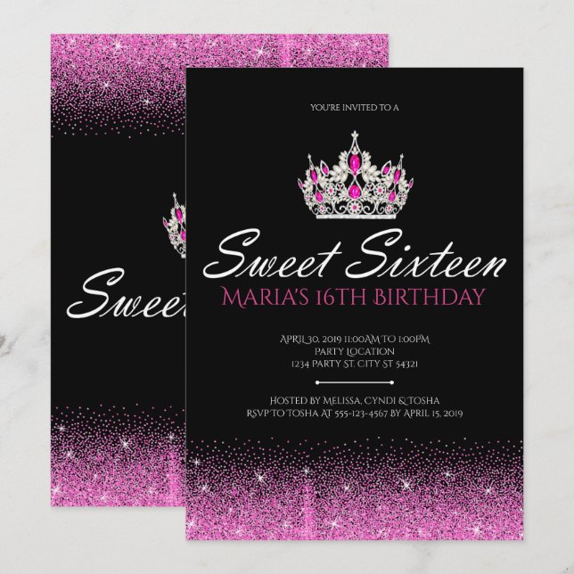 Glam & Glitter, Pink Sweet Sixteen Invitations (Front/Back)