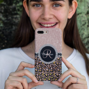 Glam Glitter Rose Gold Diamond Monogram Leopard iPhone 12 Case