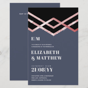 Glam Glitter Rosegold Black Deco Wedding Invite