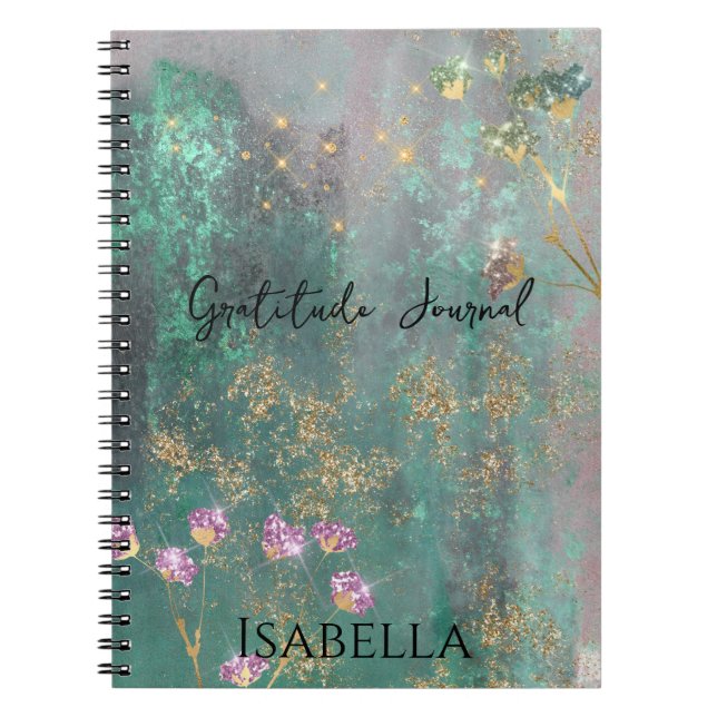 Glam Glitz Abstract Green Gold Faux Glitter Flower Notebook (Front)