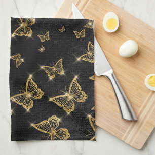 Glam gold and black butterflies pattern kitchen towel
