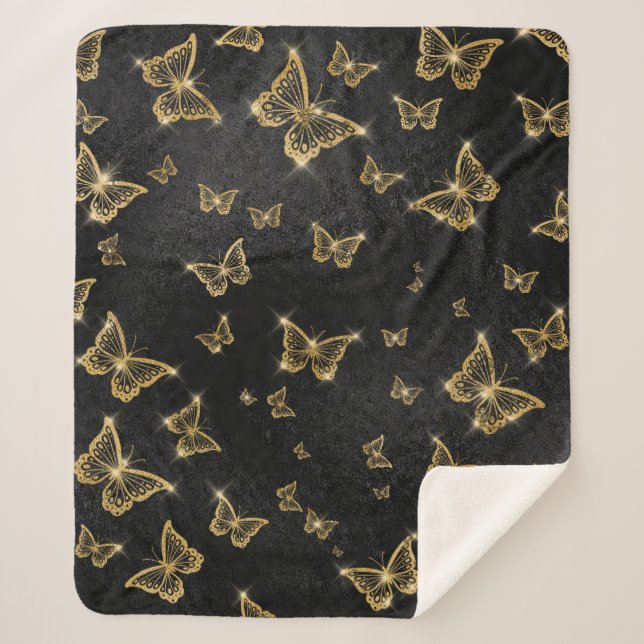 Glam gold and black butterflies pattern sherpa blanket (Front)