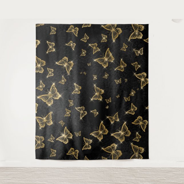 Glam gold and black butterflies pattern tapestry (Front)