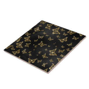 Glam gold and black butterflies pattern tile