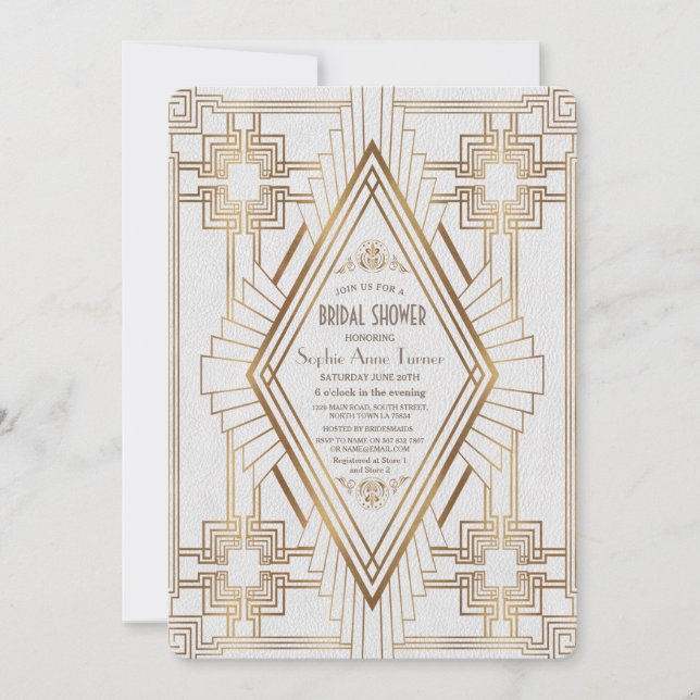 Glam Gold and White Great Gatsby Bridal Shower Invitation (Front)