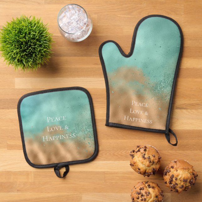 Glam Gold Aqua Glitz Glitter Oven Mitt & Pot Holder Set (Top Down)