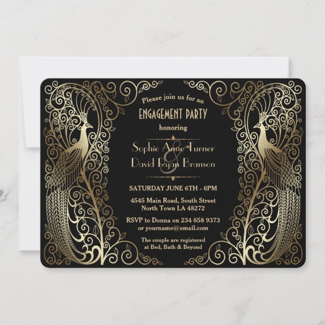 Glam Gold Art Deco Peacocks Engagement Party Invitation (Front)