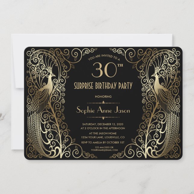 Glam Gold Art déco Peacocks Invitation de fête d'a (Devant)