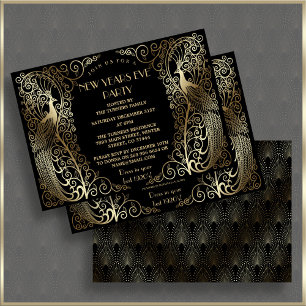 Glam Gold Art Deco Peacocks New Year's Eve Invitation