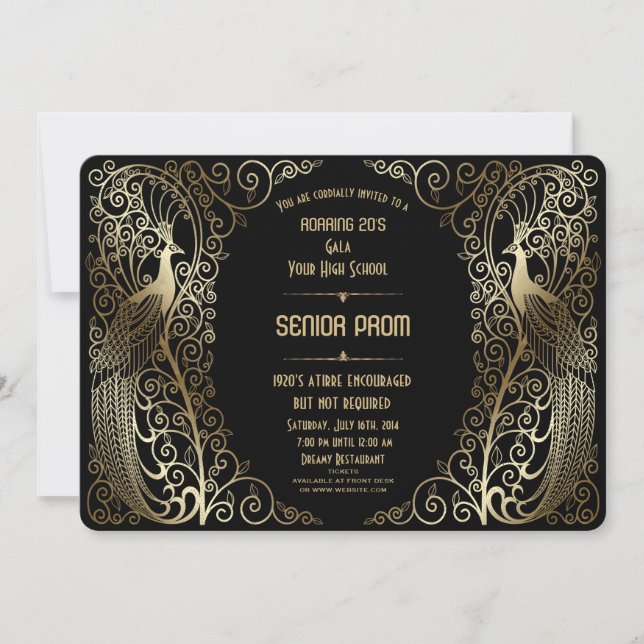 Glam Gold Art Déco Peacocks Senior Prom Invitation (Devant)