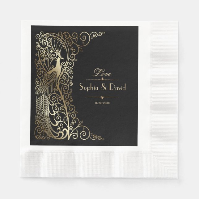 Glam Gold Art Deco Peacocks Wedding Napkin (Front)