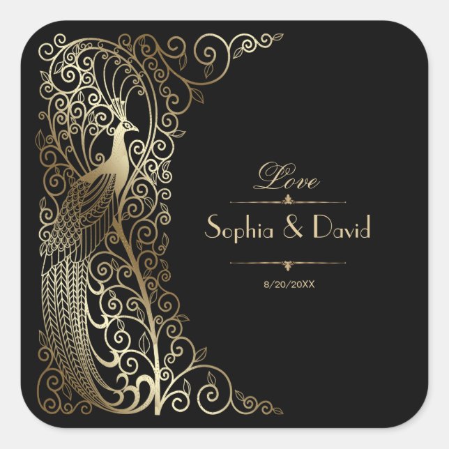 Glam Gold Art Deco Peacocks Wedding Square Sticker (Front)