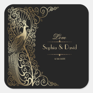 Glam Gold Art Deco Peacocks Wedding Square Sticker