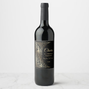Glam Gold Art Deco Peacocks Wedding Wine Label
