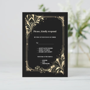 Glam Gold Black Art Deco Casino Vegas Wedding RSVP Card