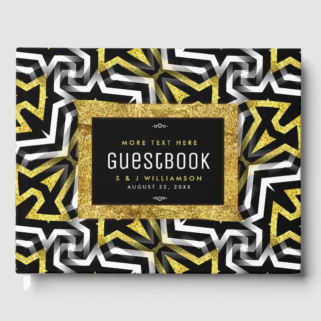 Glam Gold Black Geometric Pattern V4 Graduation Guest Book (Front)