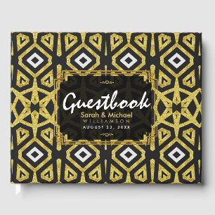 Glam Gold Black Geometry Pattern Wedding Guest Book