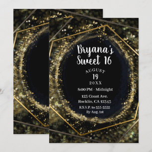 Glam Gold & Black Modern Abstract Glam Sweet 16 Invitation