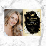 Glam Gold Black White 50th Photo Birthday Invitation<br><div class="desc">Elegant floral feminine 50th birthday invitation with your photo. Glam design with faux gold. Features white roses,  script font and confetti. Perfect for a stylish adult bday celebration party. Personalise with your own details. Can be customised for any age! Printed Zazzle invitations or instant download digital printable template.</div>