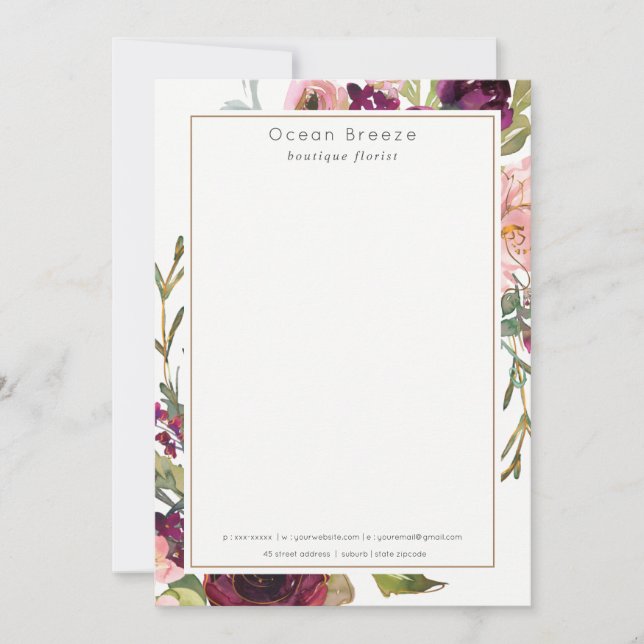 Glam Gold Blush Burgundy Watercolor Rose Floral Card (Front)