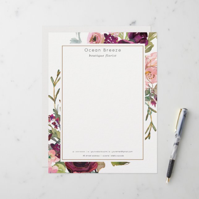 Glam Gold Blush Burgundy Watercolor Rose Floral Letterhead (Front/Back In Situ)
