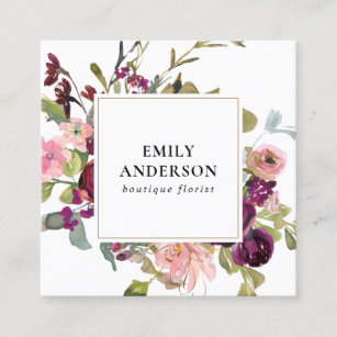 GLAM GOLD BLUSH BURGUNDY WATERCOLOR ROSE FLORAL SQUARE BUSINESS CARD