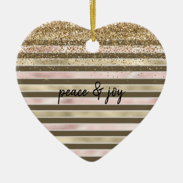 Glam Gold Blush Pink Brown Stripes Glitter Sparkle Ceramic Ornament (Front)
