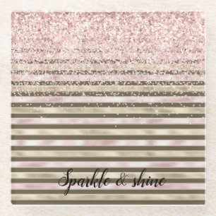 Glam Gold Blush Pink Brown Stripes Glitter Sparkle Glass Coaster