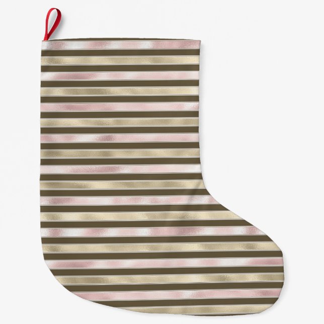 Glam Gold Blush Pink Brown Stripes Large Christmas Stocking (Front)