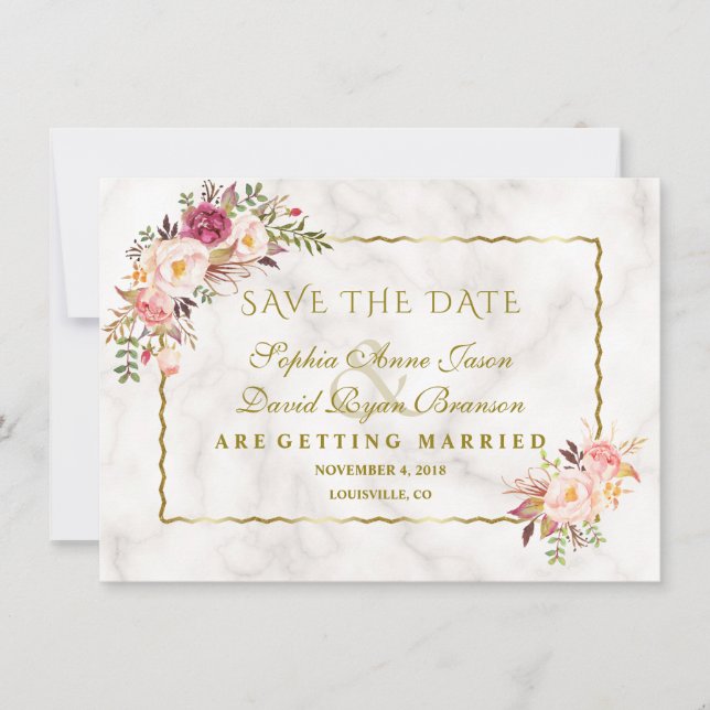 Glam Gold Blush Pink Floral Marble Save The Date (Front)