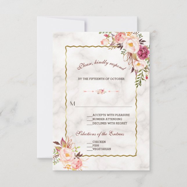 Glam Gold Blush Pink Floral Marble Wedding RSVP (Front)