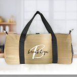 Glam Gold Brushed Metal Black and White Monogram  Duffle Bag<br><div class="desc">This personalized duffel bag features a monogram and first name in modern black and white script on a glam gold faux brushed metal background.</div>