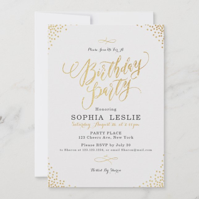Glam gold calligraphy vintage birthday party invitation (Front)
